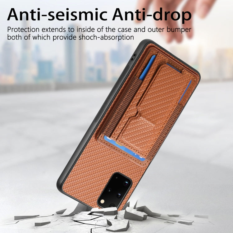 For Samsung Galaxy S20+ Carbon Fiber Fold Stand Elastic Card Bag Phone Case