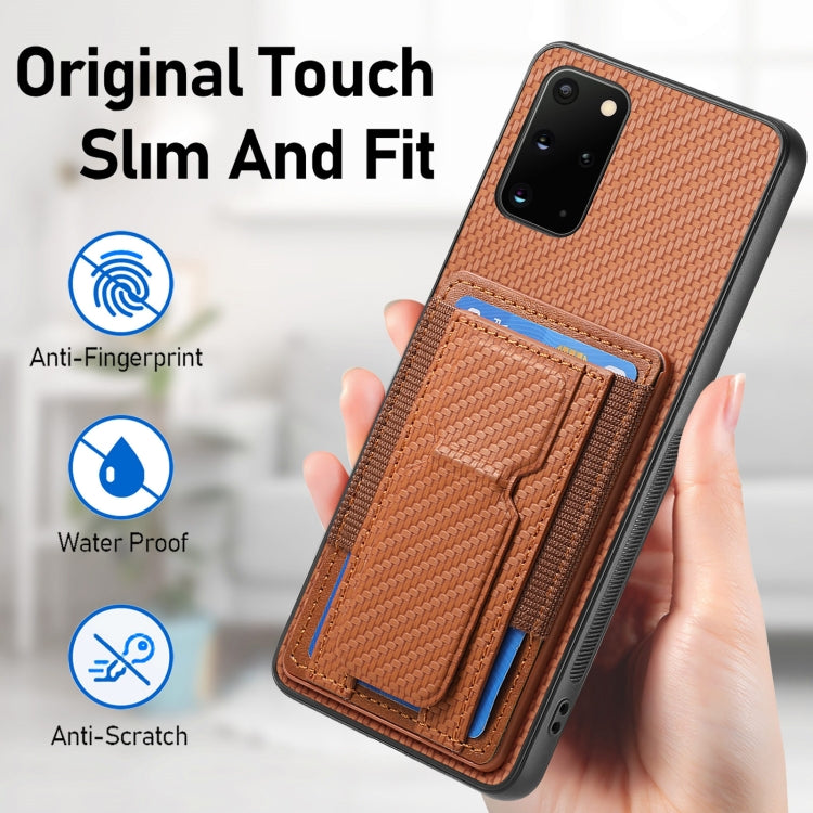 For Samsung Galaxy S20+ Carbon Fiber Fold Stand Elastic Card Bag Phone Case
