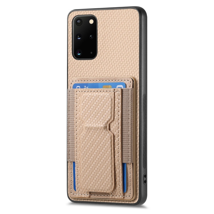 For Samsung Galaxy S20+ Carbon Fiber Fold Stand Elastic Card Bag Phone Case