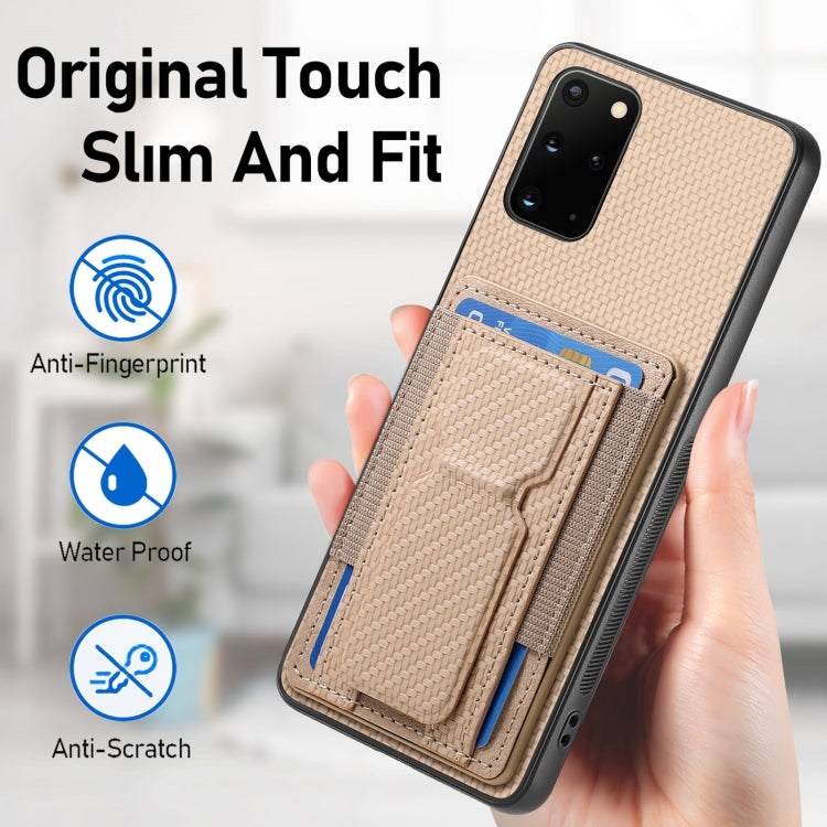 For Samsung Galaxy S20+ Carbon Fiber Fold Stand Elastic Card Bag Phone Case