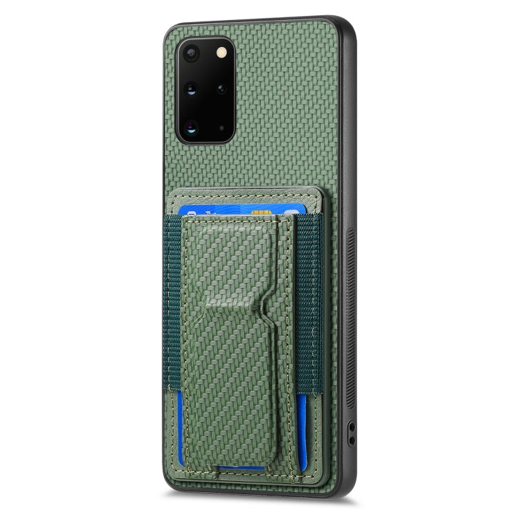 For Samsung Galaxy S20+ Carbon Fiber Fold Stand Elastic Card Bag Phone Case