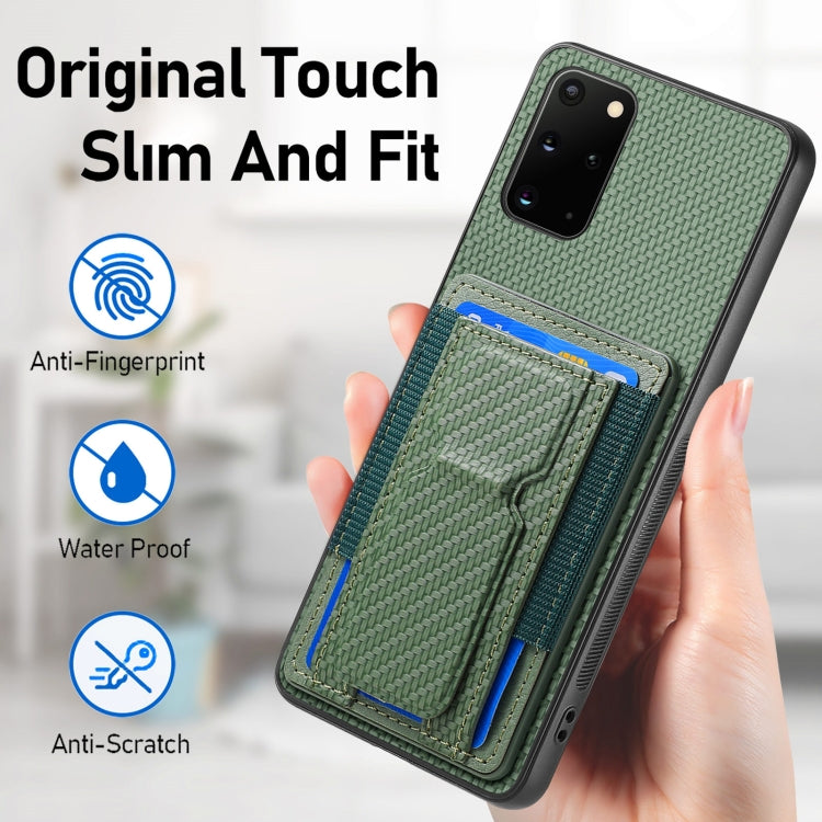 For Samsung Galaxy S20+ Carbon Fiber Fold Stand Elastic Card Bag Phone Case