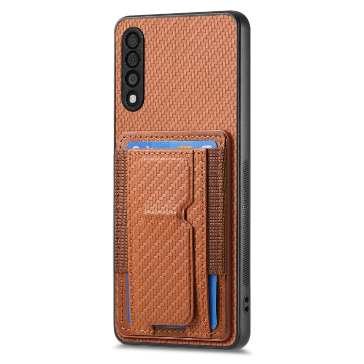 For Samsung Galaxy A70 / A70s Carbon Fiber Fold Stand Elastic Card Bag Phone Case