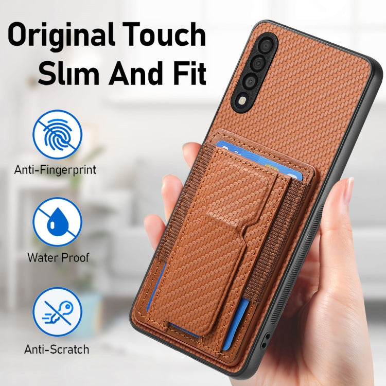 For Samsung Galaxy A70 / A70s Carbon Fiber Fold Stand Elastic Card Bag Phone Case