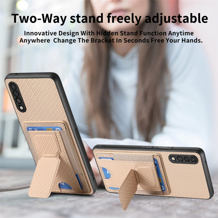 For Samsung Galaxy A70 / A70s Carbon Fiber Fold Stand Elastic Card Bag Phone Case