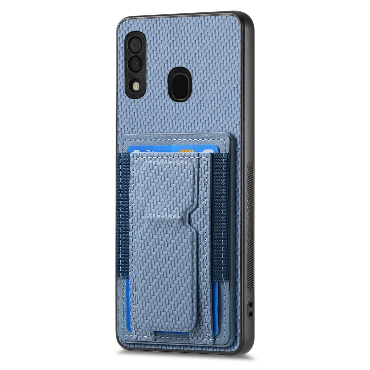For Samsung Galaxy A30/A20/M10s Carbon Fiber Fold Stand Elastic Card Bag Phone Case