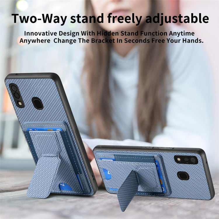 For Samsung Galaxy A30/A20/M10s Carbon Fiber Fold Stand Elastic Card Bag Phone Case