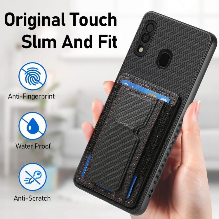 For Samsung Galaxy A30/A20/M10s Carbon Fiber Fold Stand Elastic Card Bag Phone Case
