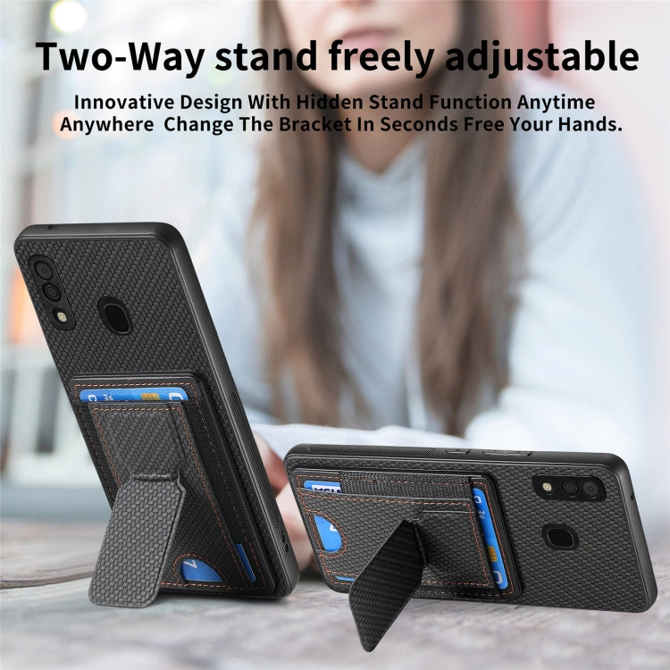 For Samsung Galaxy A30/A20/M10s Carbon Fiber Fold Stand Elastic Card Bag Phone Case