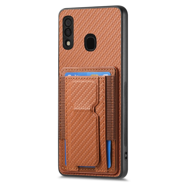 For Samsung Galaxy A30/A20/M10s Carbon Fiber Fold Stand Elastic Card Bag Phone Case