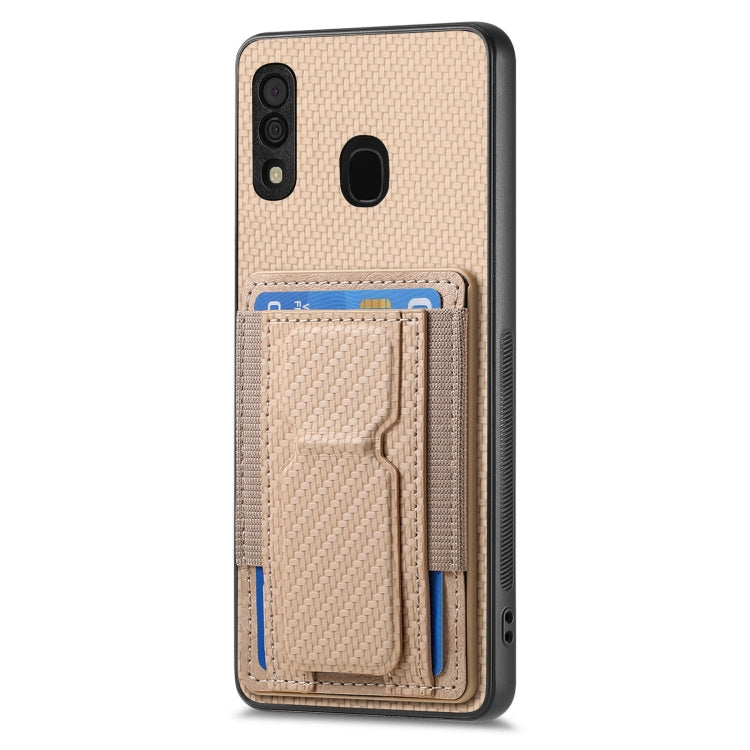 For Samsung Galaxy A30/A20/M10s Carbon Fiber Fold Stand Elastic Card Bag Phone Case