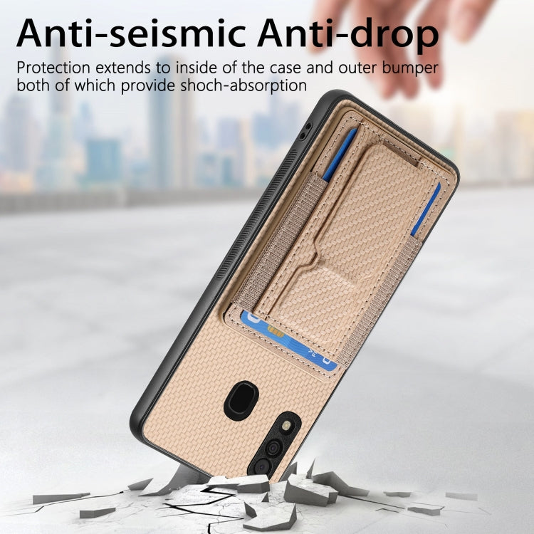 For Samsung Galaxy A30/A20/M10s Carbon Fiber Fold Stand Elastic Card Bag Phone Case
