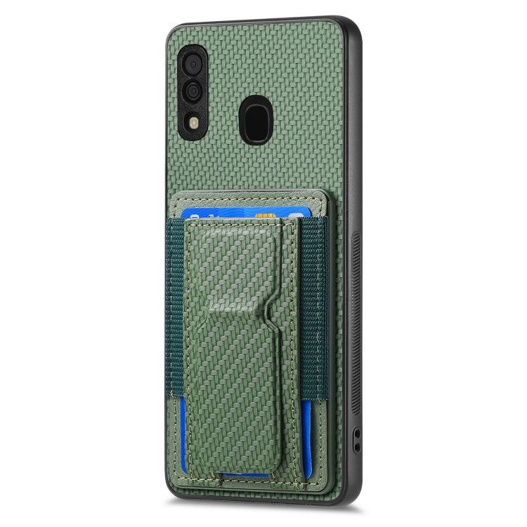 For Samsung Galaxy A30/A20/M10s Carbon Fiber Fold Stand Elastic Card Bag Phone Case