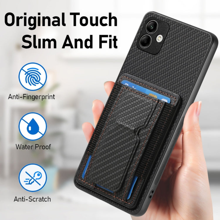 For Samsung Galaxy M32 4G Carbon Fiber Fold Stand Elastic Card Bag Phone Case