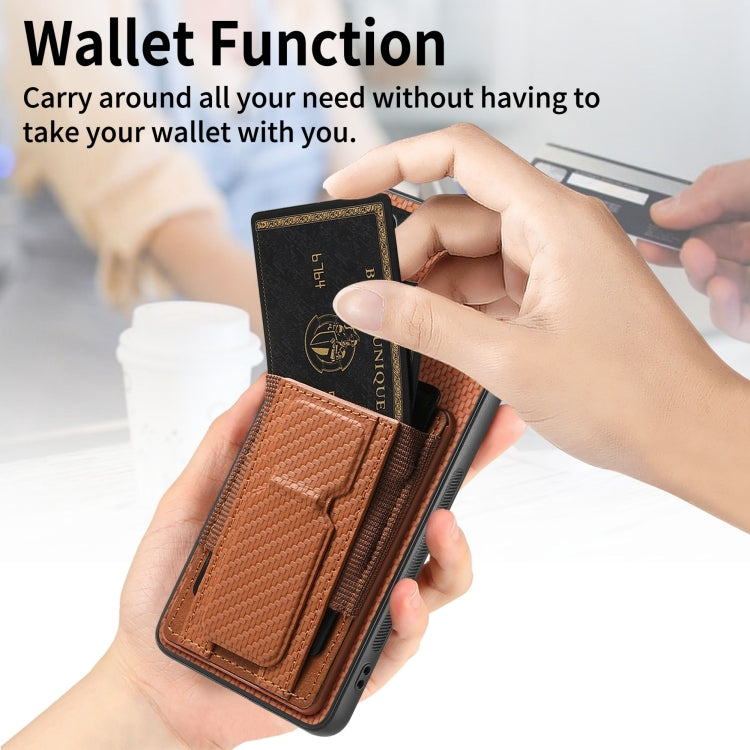 For Samsung Galaxy M32 4G Carbon Fiber Fold Stand Elastic Card Bag Phone Case