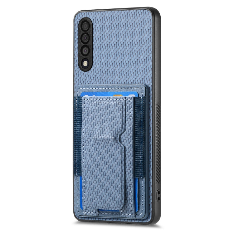 For Samsung Galaxy A10 Carbon Fiber Fold Stand Elastic Card Bag Phone Case