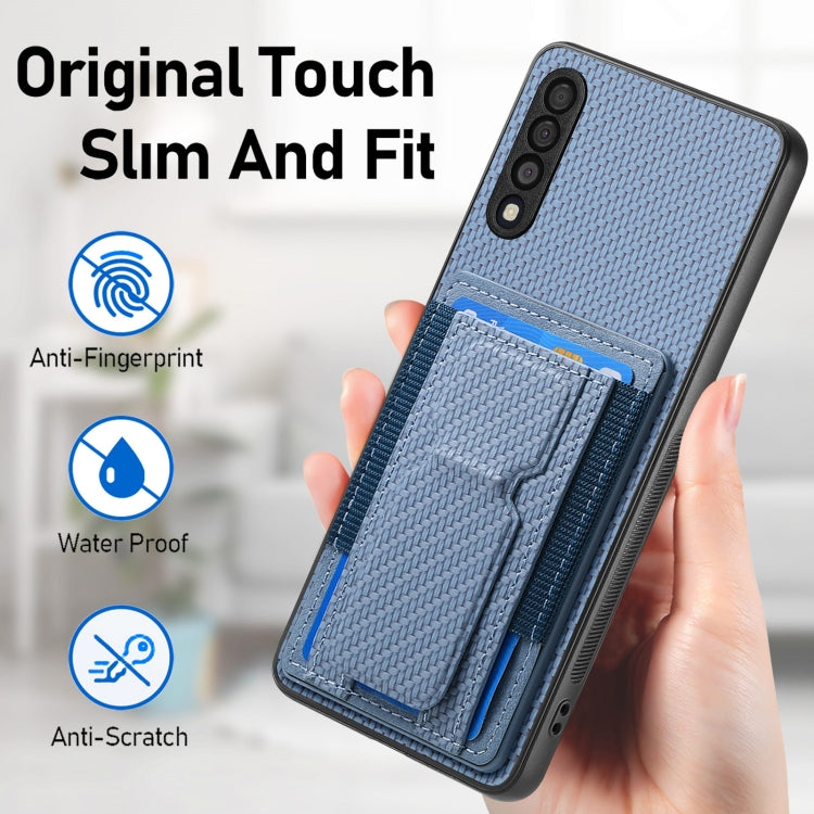 For Samsung Galaxy A10 Carbon Fiber Fold Stand Elastic Card Bag Phone Case
