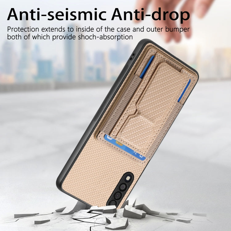 For Samsung Galaxy A10 Carbon Fiber Fold Stand Elastic Card Bag Phone Case