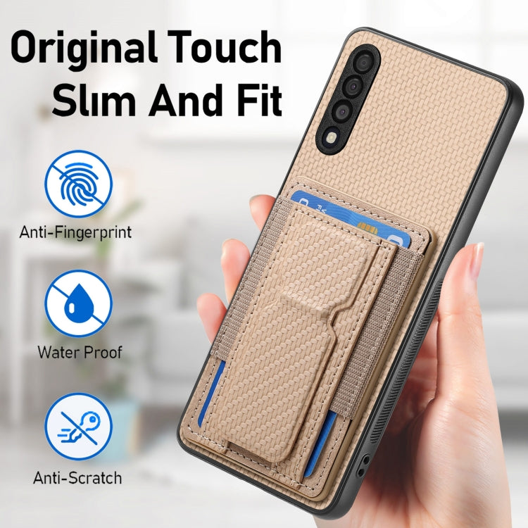 For Samsung Galaxy A10 Carbon Fiber Fold Stand Elastic Card Bag Phone Case