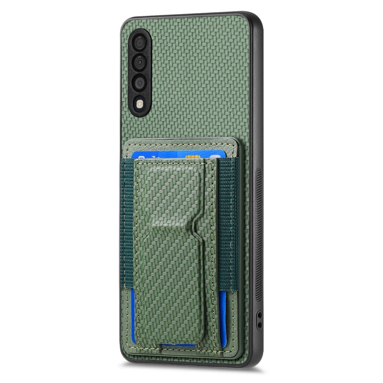For Samsung Galaxy A10 Carbon Fiber Fold Stand Elastic Card Bag Phone Case