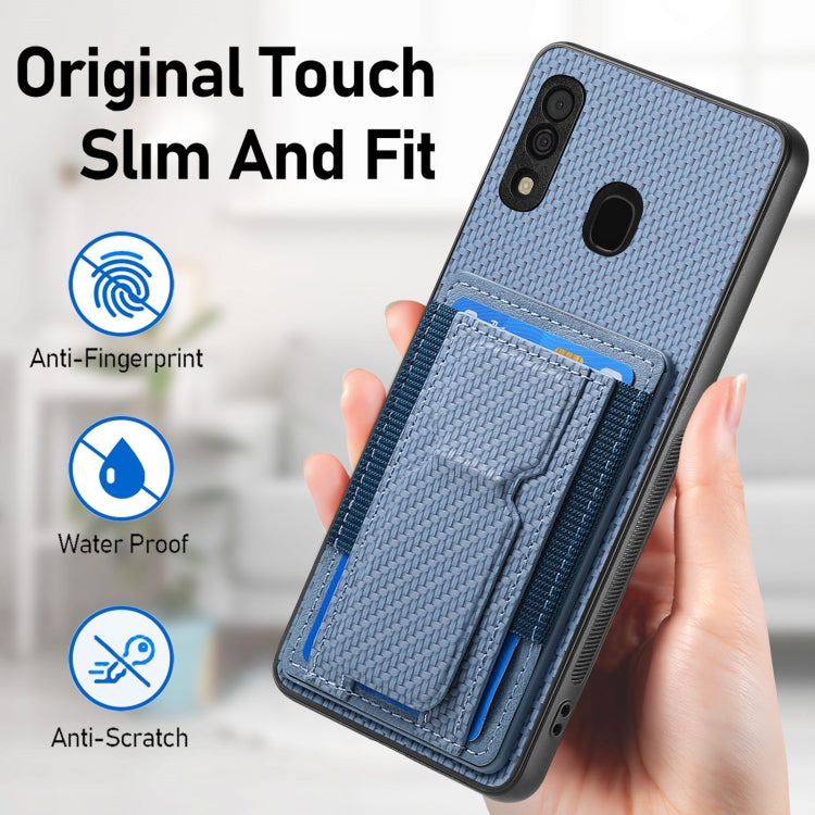 For Samsung Galaxy A20s Carbon Fiber Fold Stand Elastic Card Bag Phone Case