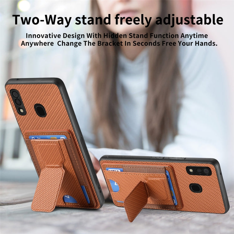 For Samsung Galaxy A20s Carbon Fiber Fold Stand Elastic Card Bag Phone Case