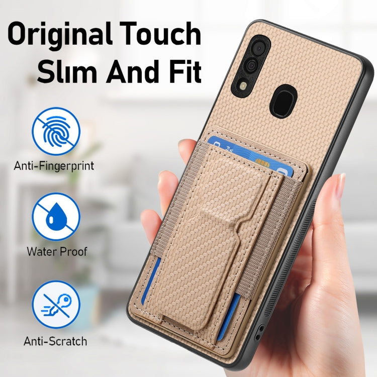 For Samsung Galaxy A20s Carbon Fiber Fold Stand Elastic Card Bag Phone Case