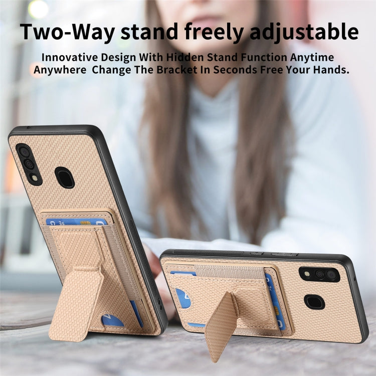 For Samsung Galaxy A20s Carbon Fiber Fold Stand Elastic Card Bag Phone Case