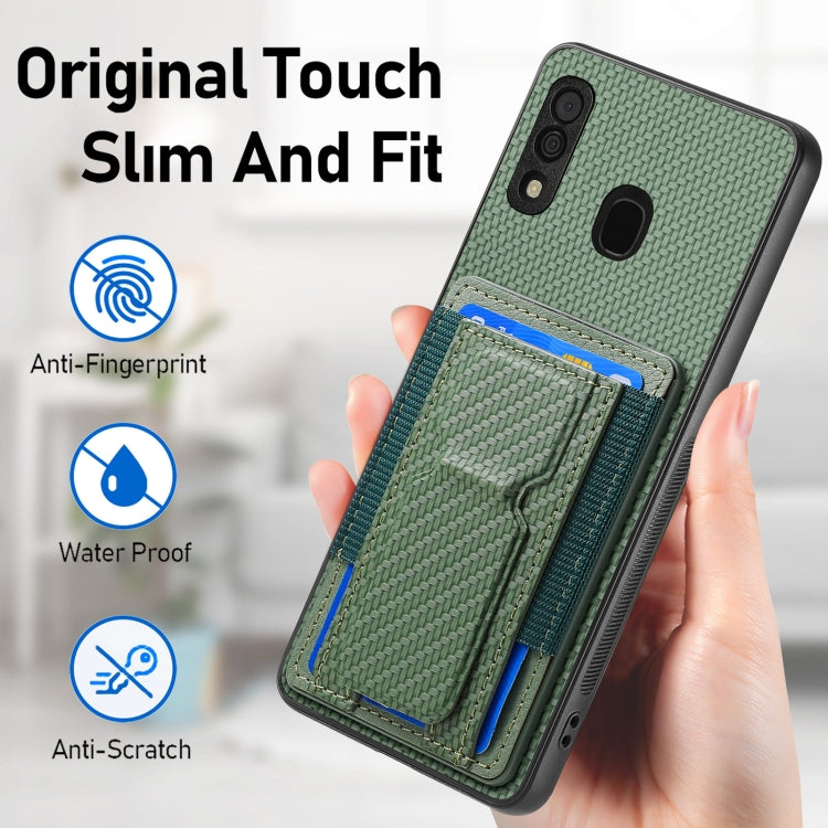 For Samsung Galaxy A20s Carbon Fiber Fold Stand Elastic Card Bag Phone Case