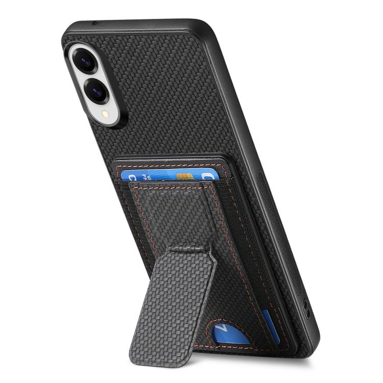For Samsung Galaxy S25 Edge 5G Carbon Fiber Fold Stand Elastic Card Bag Phone Case