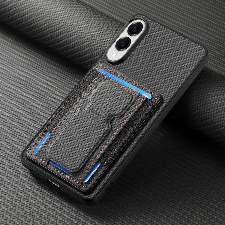 For Samsung Galaxy S25 Edge 5G Carbon Fiber Fold Stand Elastic Card Bag Phone Case
