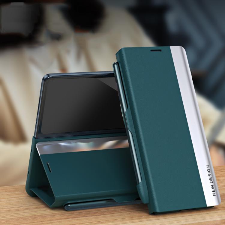 For Galaxy Z Fold7 5G Side Electroplated Adsorption Leather Phone Case with Pen Slot