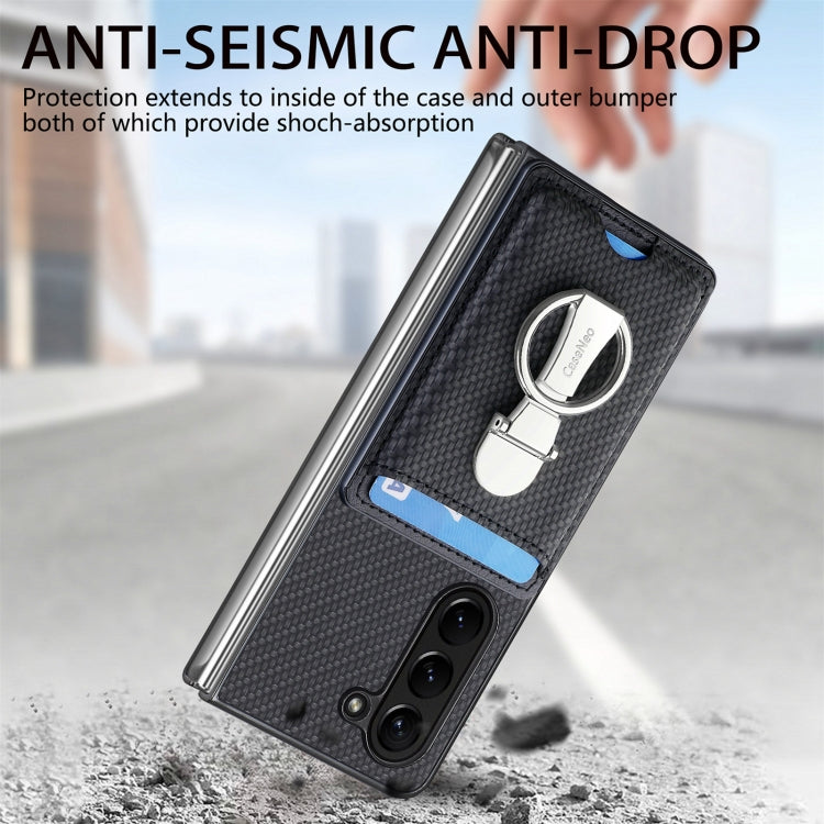 For Samsung Galaxy Z Fold6 5G Carbon Fiber Card Wallet Fold Ring Holder Phone Case