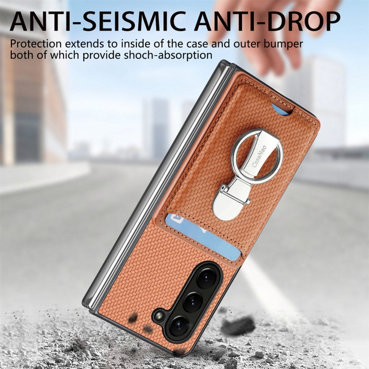 For Samsung Galaxy Z Fold6 5G Carbon Fiber Card Wallet Fold Ring Holder Phone Case