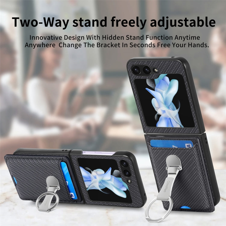 For Samsung Galaxy Z Flip6 / Flip7 FE Carbon Fiber Card Wallet Fold Ring Holder Phone Case