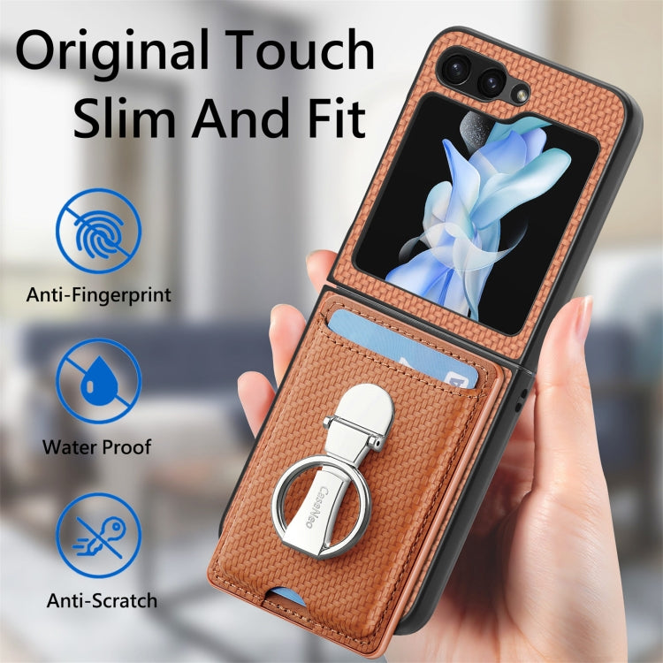 For Samsung Galaxy Z Flip6 / Flip7 FE Carbon Fiber Card Wallet Fold Ring Holder Phone Case
