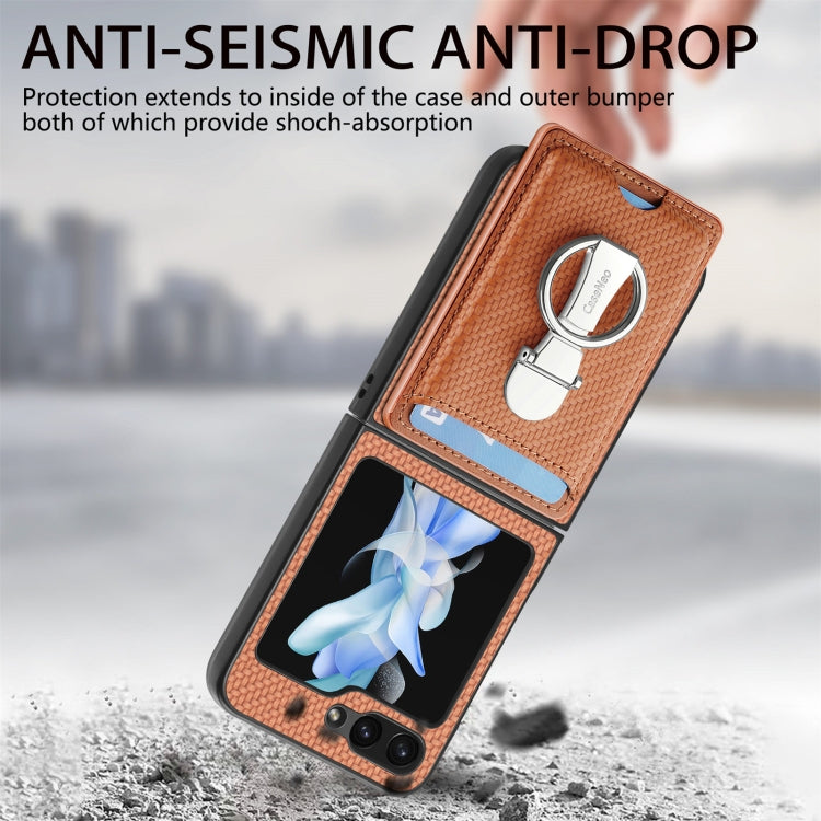 For Samsung Galaxy Z Flip6 / Flip7 FE Carbon Fiber Card Wallet Fold Ring Holder Phone Case