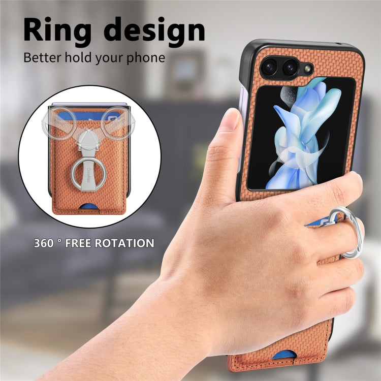 For Samsung Galaxy Z Flip6 / Flip7 FE Carbon Fiber Card Wallet Fold Ring Holder Phone Case
