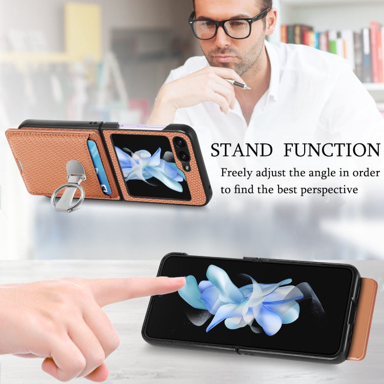 For Samsung Galaxy Z Flip6 / Flip7 FE Carbon Fiber Card Wallet Fold Ring Holder Phone Case