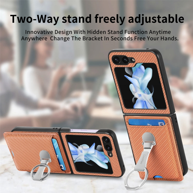 For Samsung Galaxy Z Flip6 / Flip7 FE Carbon Fiber Card Wallet Fold Ring Holder Phone Case
