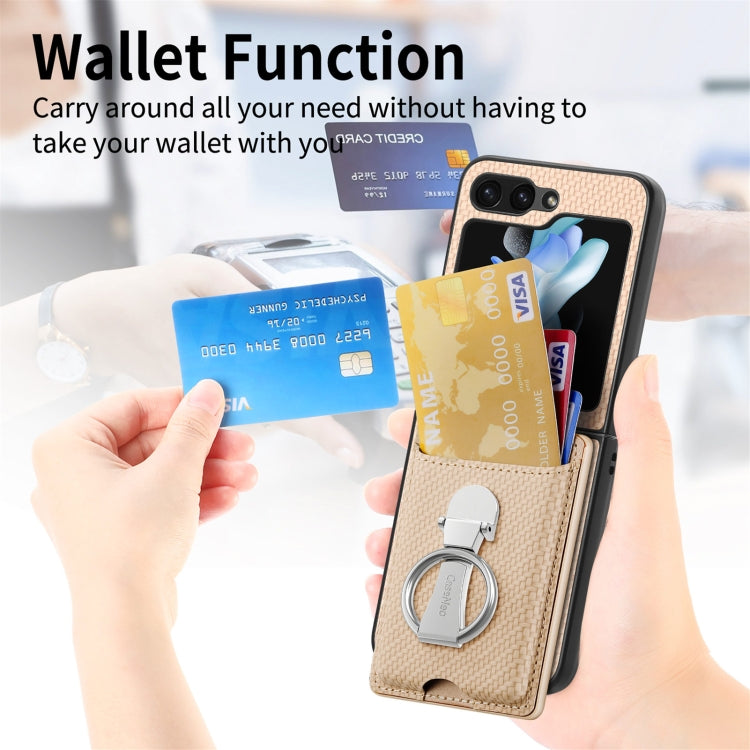 For Samsung Galaxy Z Flip6 / Flip7 FE Carbon Fiber Card Wallet Fold Ring Holder Phone Case