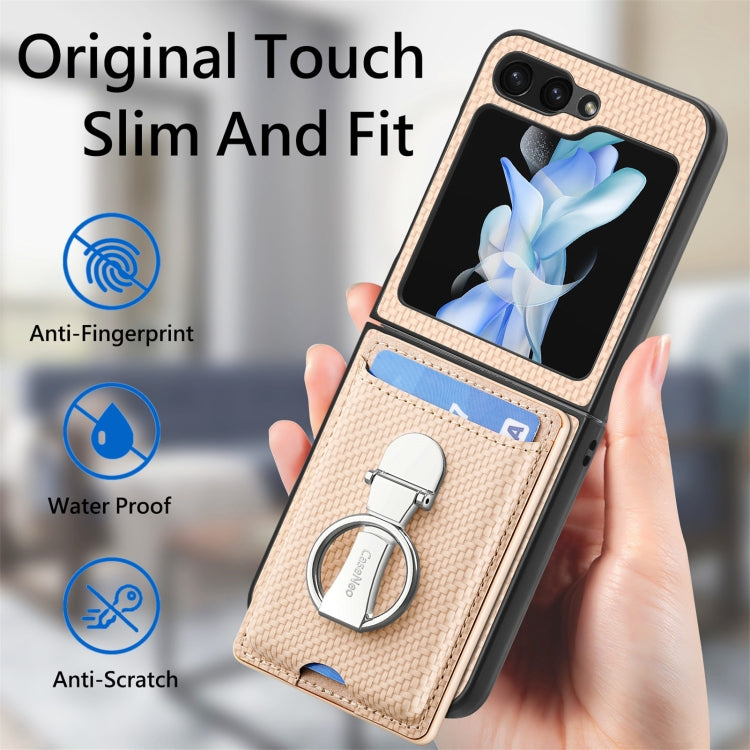 For Samsung Galaxy Z Flip6 / Flip7 FE Carbon Fiber Card Wallet Fold Ring Holder Phone Case