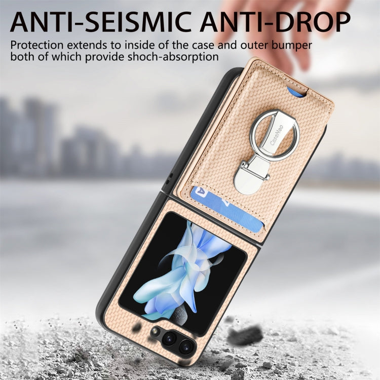 For Samsung Galaxy Z Flip6 / Flip7 FE Carbon Fiber Card Wallet Fold Ring Holder Phone Case