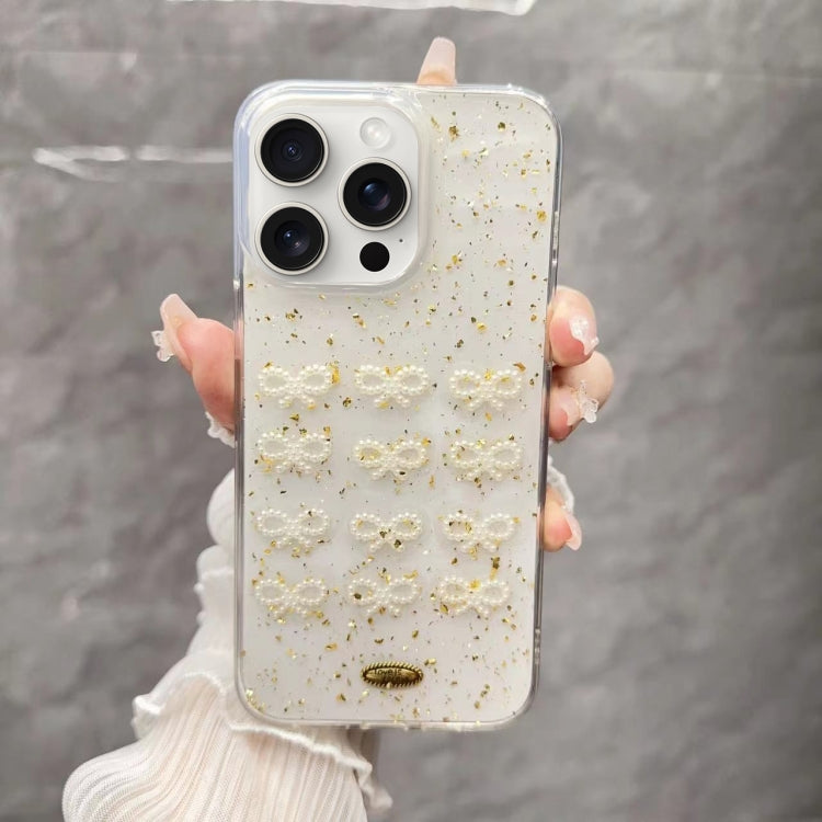 For iPhone 15 Pro Max Gold Foil Pearl Bow TPU Phone Case