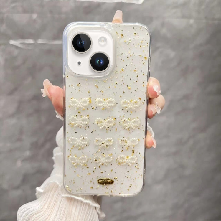 For iPhone 14 Plus Gold Foil Pearl Bow TPU Phone Case