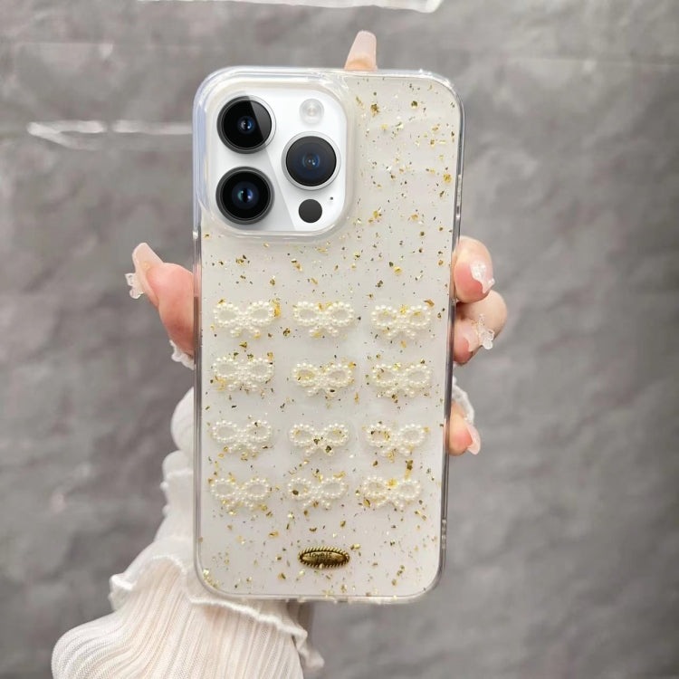 For iPhone 14 Pro Gold Foil Pearl Bow TPU Phone Case