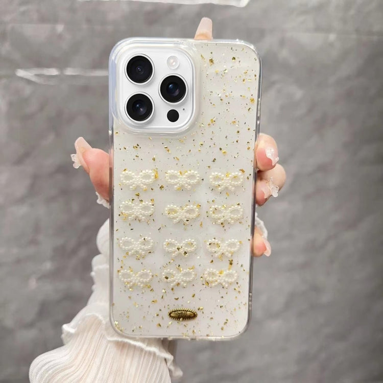 For iPhone 16 Pro Gold Foil Pearl Bow TPU Phone Case
