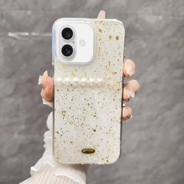 For iPhone 16 Plus Gold Foil Pearl Bow TPU Phone Case