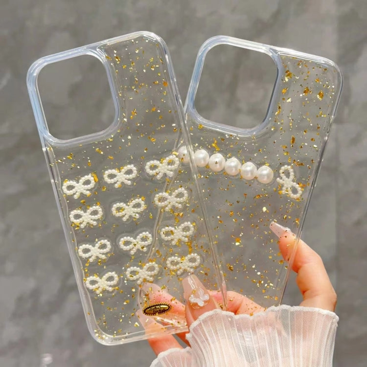 For iPhone 14 Pro Max Gold Foil Pearl Bow TPU Phone Case