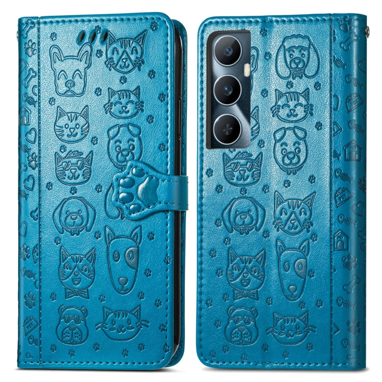 For Realme C65 Cat and Dog Embossed Leather Phone Case